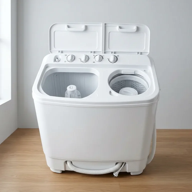White semi-automatic twin tub washing machine standing on a balcony utility area.