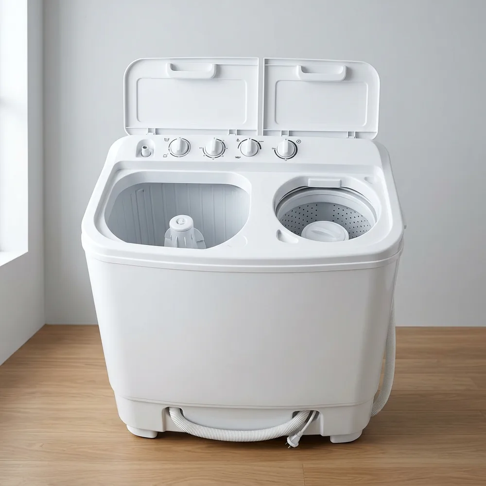 White semi-automatic twin tub washing machine standing on a balcony utility area.