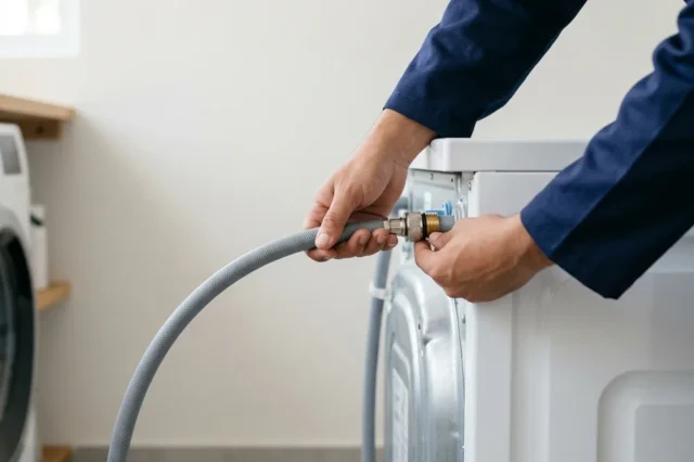 Technician levelling a newly installed washing machine and connecting the inlet hose.