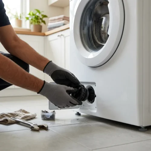 Technician removing the drain filter cap from the front panel of a washing machine.