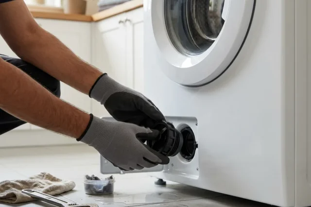 Technician removing the drain filter cap from the front panel of a washing machine.