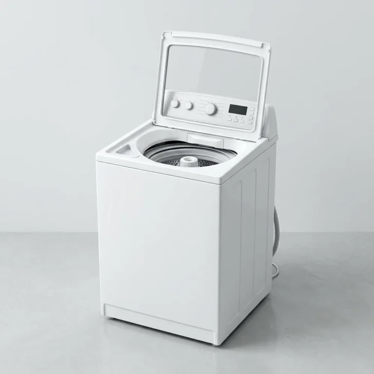 White top-load fully automatic washing machine with the lid open in a home utility area.