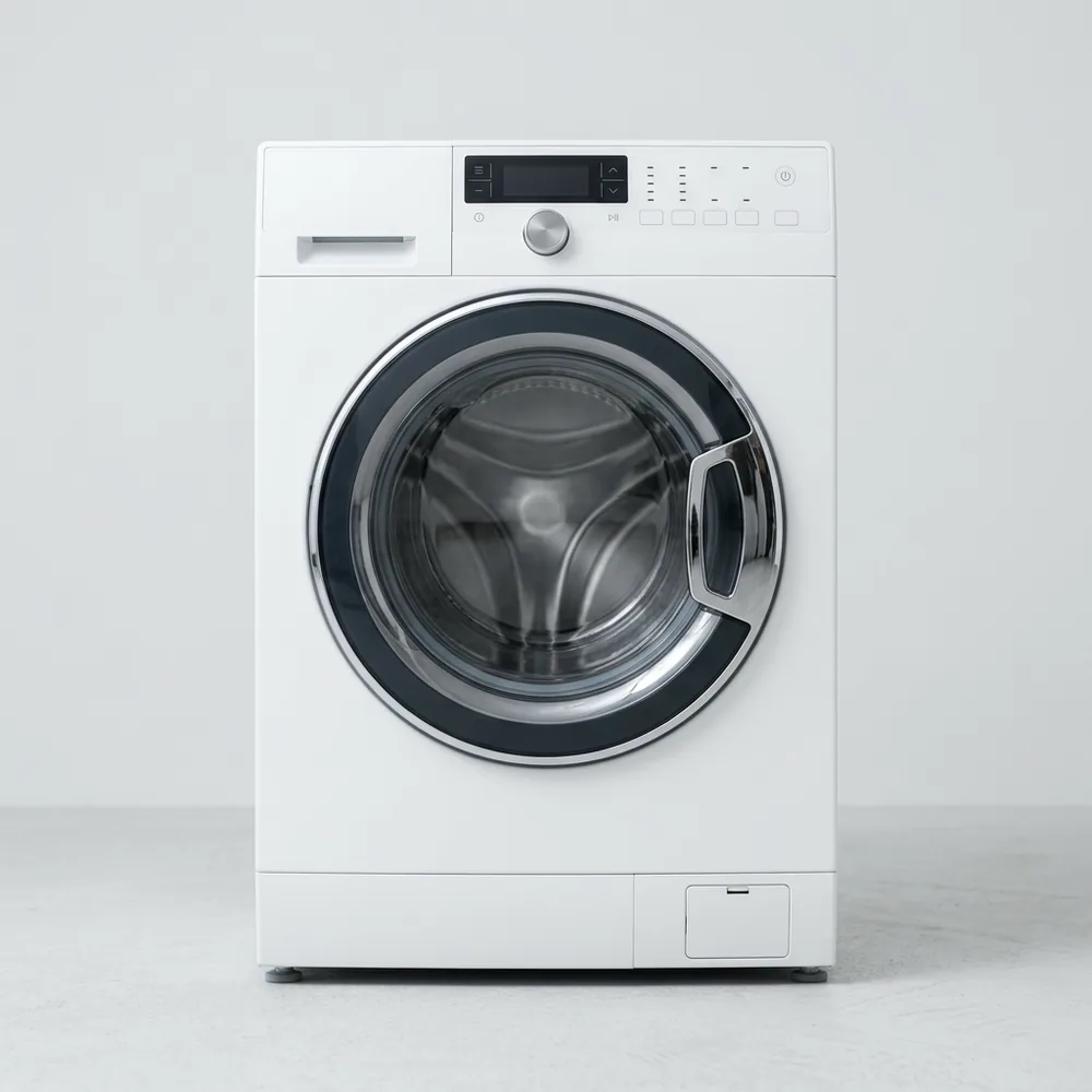 White front-load washer dryer combination machine built into a laundry nook.