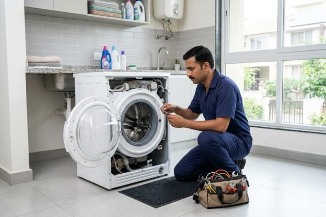 MK Service Center technician kneeling beside an open front-load washing machine, checking the drain filter in a Bangalore home.