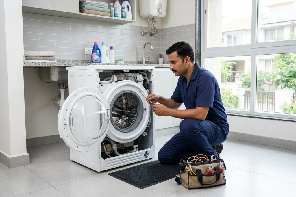 MK Service Center technician kneeling beside an open front-load washing machine, checking the drain filter in a Bangalore home.